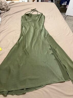 Sexy Olive Green Satin Halter Maxi Dress